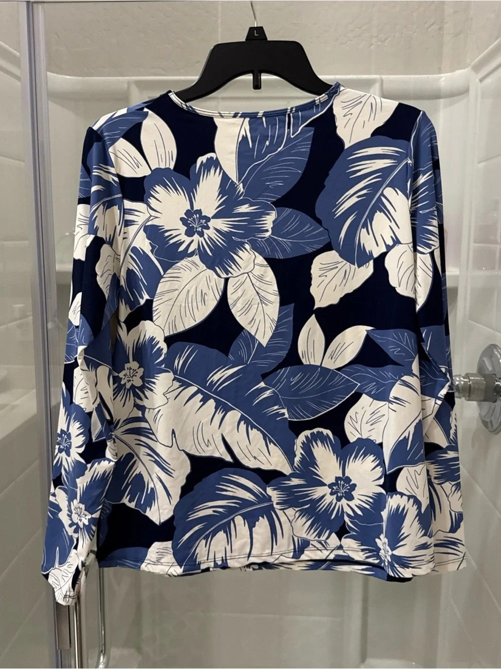 Lands' End Navy and Cream Tropical-Print Long Sleeve Top